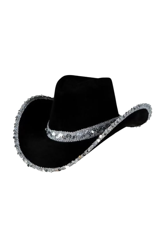 Cowboy Hat Women'S Masquerade Party Silver Trimmed Cowboy Hat Silver Trimmed Western Cowboy Hat Cowgirl Hat Cowboy Hats for Women Cowboy Hat Men () Black Flock