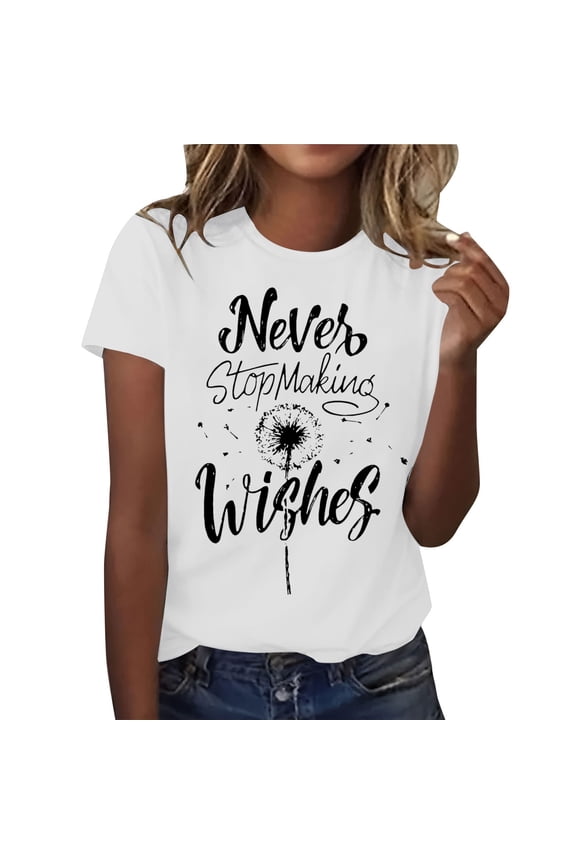 Crew Neck T Shirts For Women Womens Summer Tops Women's Dandelion Printed Shirt Short Sleeve Round Neck T Shirt Fashion TopGraphic Tees For Women White L