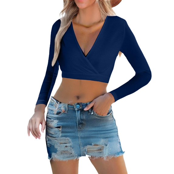 Weikingp Crop Tops For Women Shirts for Teens Girls Long Sleeve Workout Tops For Women Deep V Short Sleeved T Shirt Pure Seductive Style Casual Women's Wear