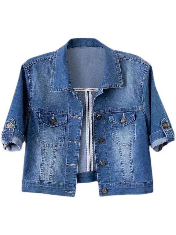 Denim Top, Women'S 3/4 Sleeve Colored Cropped Denim Jacket Light Wash Short Jean Jacket Trucker Coat Jean Jacket for Women Trendy Womens Denim Jacket Light Blue M