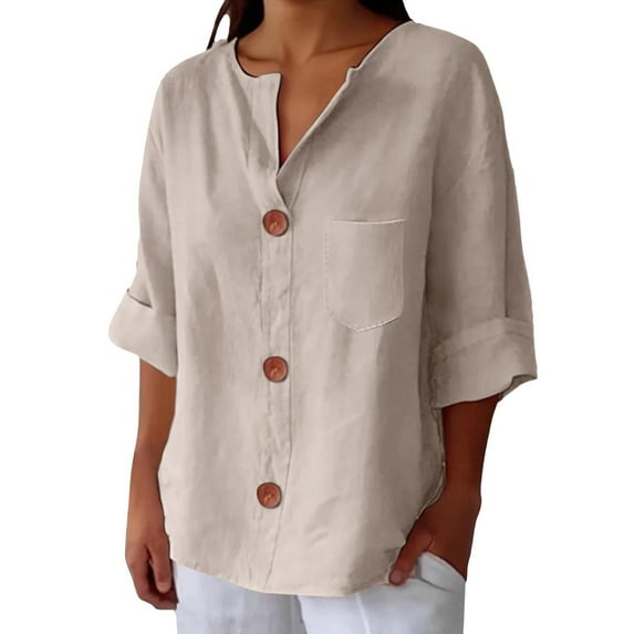 Weikingp Dressy Summer Tops For Women Linen Shirt for Women V Neck Collared Blouse Casual Tops Short Sleeve Button Down Women Camp Shirts For Women Trendy Shirts For Women 2025 Brown L