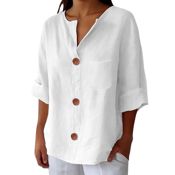 Weikingp Dressy Summer Tops For Women Linen Shirt for Women V Neck Collared Blouse Casual Tops Short Sleeve Button Down Women Camp Shirts For Women Trendy Shirts For Women 2025 White 4XL