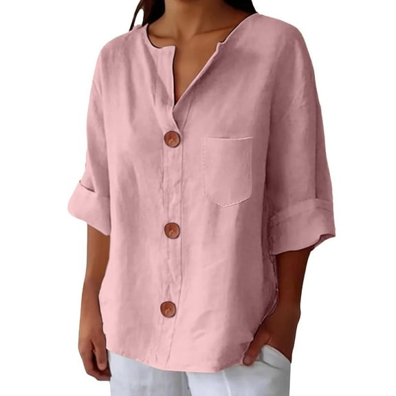 Weikingp Dressy Summer Tops For Women Linen Shirt for Women V Neck Collared Blouse Casual Tops Short Sleeve Button Down Women Camp Shirts For Women Trendy Shirts For Women 2025 Pink 4XL
