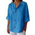 thumbnail image 1 of Weikingp Dressy Summer Tops For Women Linen Shirt for Women V Neck Collared Blouse Casual Tops Short Sleeve Button Down Women Camp Shirts For Women Trendy Shirts For Women 2025 Blue L, 1 of 6