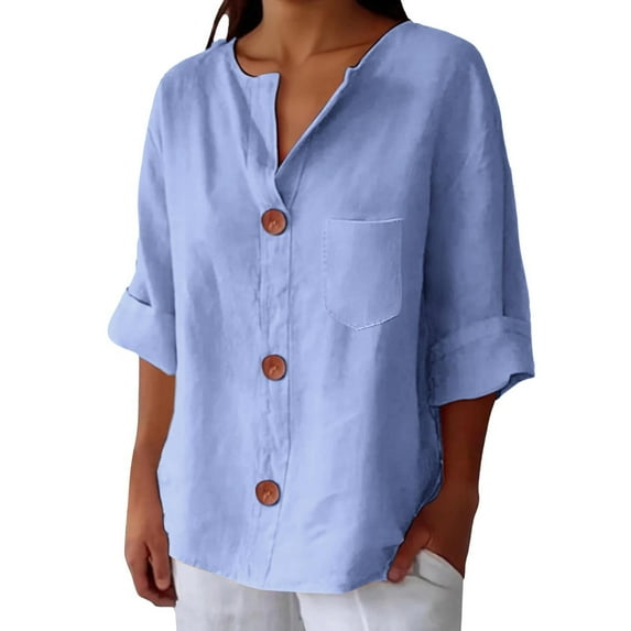Weikingp Dressy Summer Tops For Women Linen Shirt for Women V Neck Collared Blouse Casual Tops Short Sleeve Button Down Women Camp Shirts For Women Trendy Shirts For Women 2025 Blue L