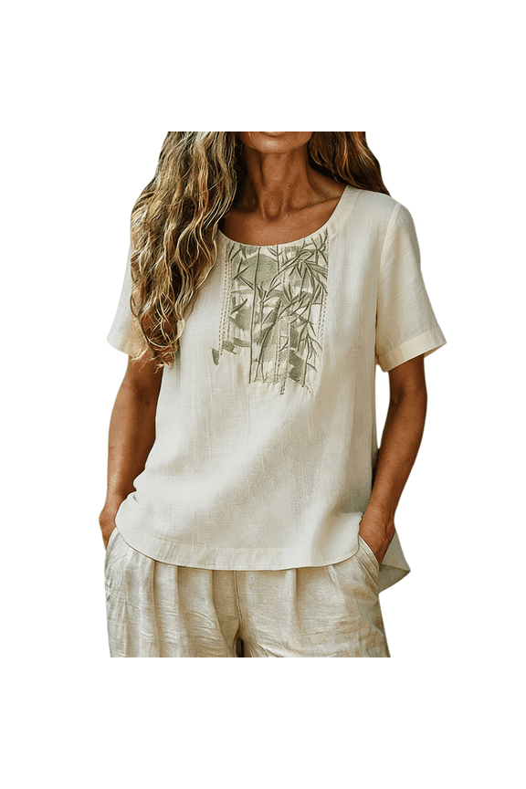 Embroidered Cotton Linen Tops Embroidered Blouses for Women Linen Tunics for Women Gauze Tunic Tops Bohemian Peasant Shirts Cotton Peasant Tops Bohemian Tops for Women Muslin Beige 2XL