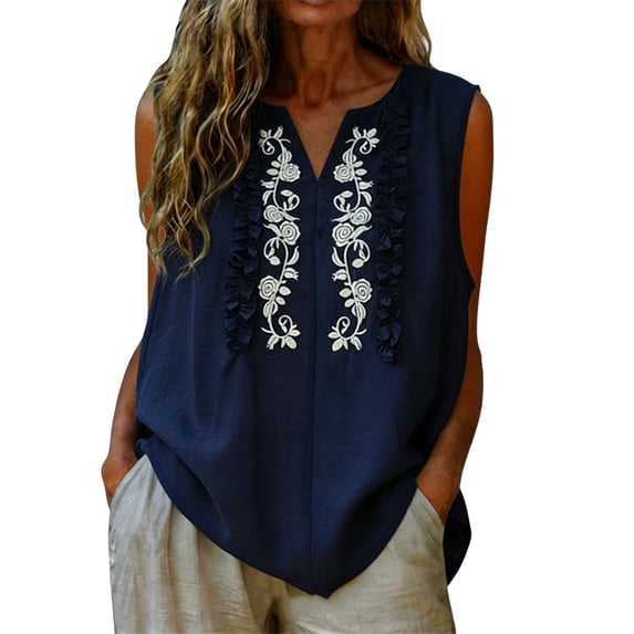 Weikingp Embroidered Tops For Women,Sleeveless Shirts For Women Going Out Tops For Women Cotton Blouses for Women Gauze Tops for Women Boho Blouses For Women Blue XL