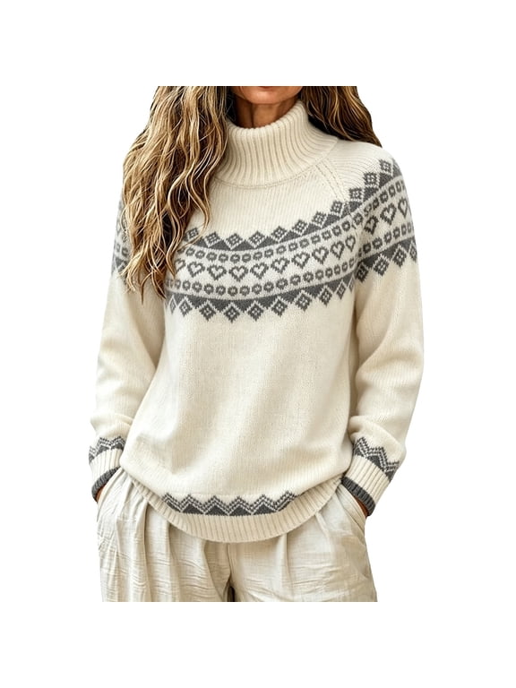 Weikingp Fair Isle Sweater Women Mock Neck Sweater Graphic Sweaters Oversized Sweater Big Sweaters Printed Sweater Vintage Sweater Autumn Clothes Pullover Sweaters Nordic Sweaters Beige L