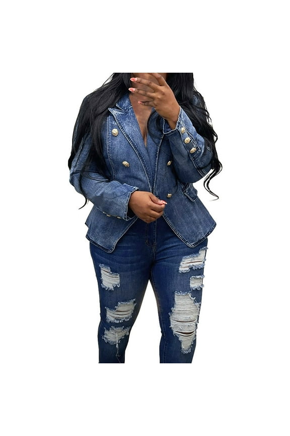 Fall Jacket, Women's Slim Fit Denim Tailored Double Breasted Pockets Jeans Jacket Womens Denim Jacket Womens Fall Tops Clearance Dark Blue XL