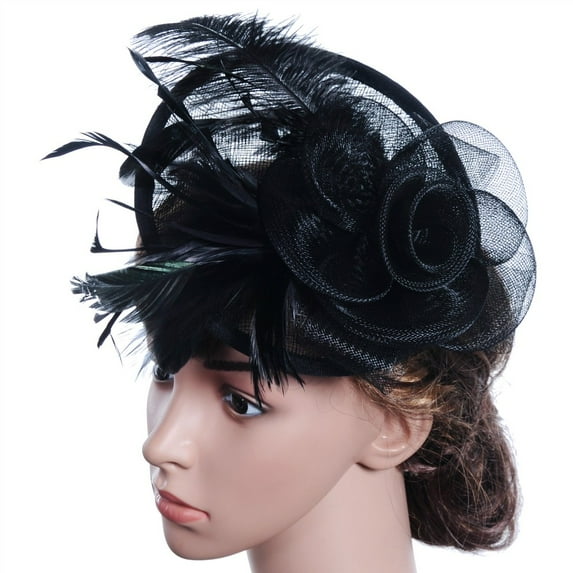 Weikingp Fascinators Hats for Women Fashion Women Fascinator Mesh Hat Ribbons And Feathers Wedding Party Hat Hats for Men Hats for Women Mens Hats (Clearance) Black Polyester
