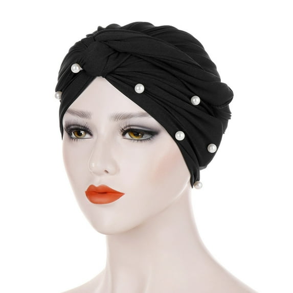 Weikingp Head Wraps for Women Chemo Hats Muslim Ruffle Beading Hat Turban Cap Pearl Women Wrap Caps Hair Covers for Women Fashion Black One Size Clearance!