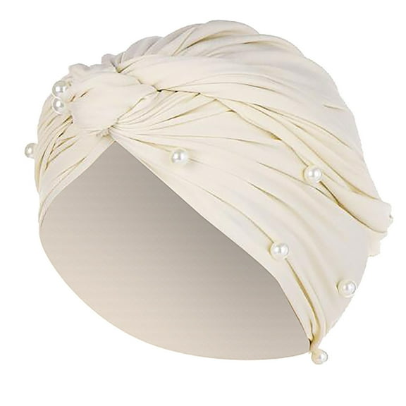 Weikingp Clearance! Headbands for Women, Muslim Ruffle Beading Hat Turban Cap Pearl Women Wrap Baseball Caps, Bandanas for Women, Bandanas for Men Beige