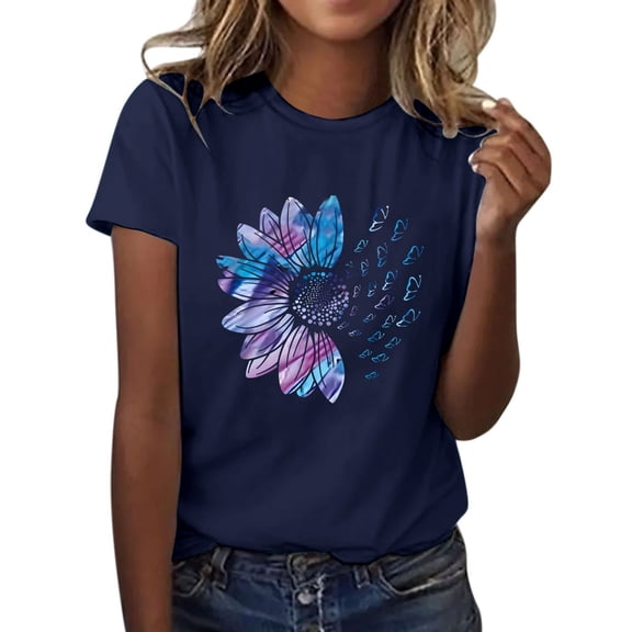 Weikingp Flower Shirts For Women Printed T Shirts Women's Sunflower Summer T Shirt Plus Size Loose Top Tops Girls Short Sleeve Graphic Casual T Shirt Short Sleeve Tops For Women Blue XL