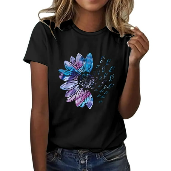 Weikingp Flower Shirts For Women Printed T Shirts Women's Sunflower Summer T Shirt Plus Size Loose Top Tops Girls Short Sleeve Graphic Casual T Shirt Short Sleeve Tops For Women Black 3XL