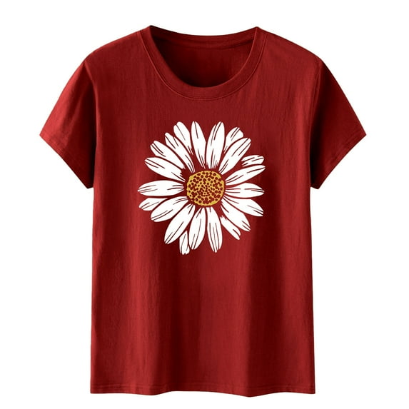 Weikingp Flower Shirts For Women Women Graphic Tees Women's I Simple Printing Europe And The States Men And Women Round Neck T Shirt Short Sleeve Tops For Women Red 2XL