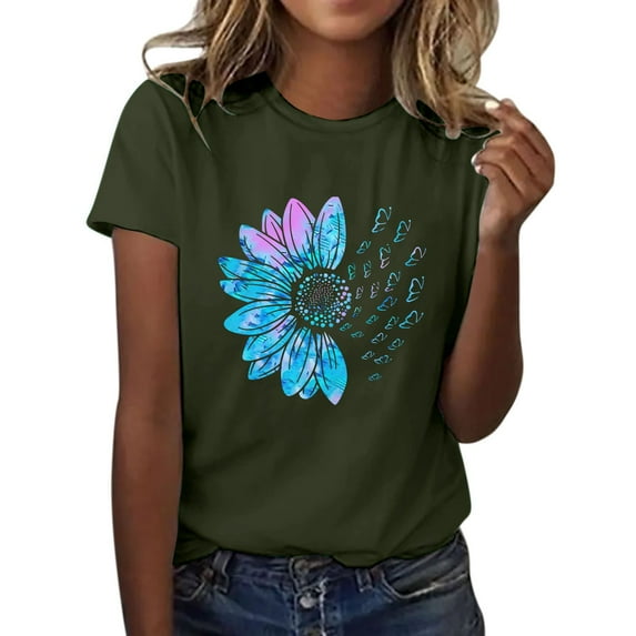 Weikingp Flower Shirts For Women Women Graphic Tees Women's Sunflower Summer T Shirt Plus Size Loose Top Tops Girls Short Sleeve Graphic Casual T Shirt Summer Tops For Teens Trendy Green L
