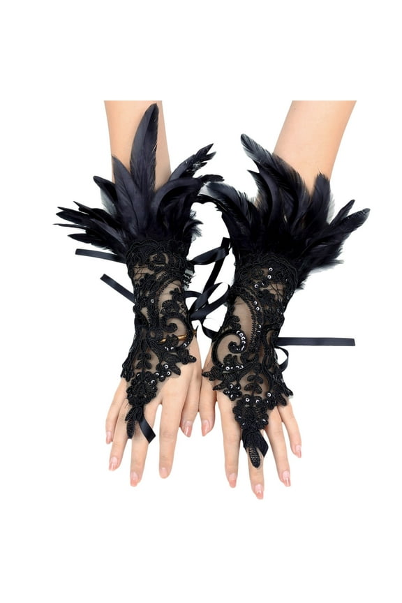 Gloves for Cold Weather Fingerless Gloves Feather Decorative Gloves Carnival Party Costume Masquerade Show Thermal Gloves for Women Black One Size Clearance！
