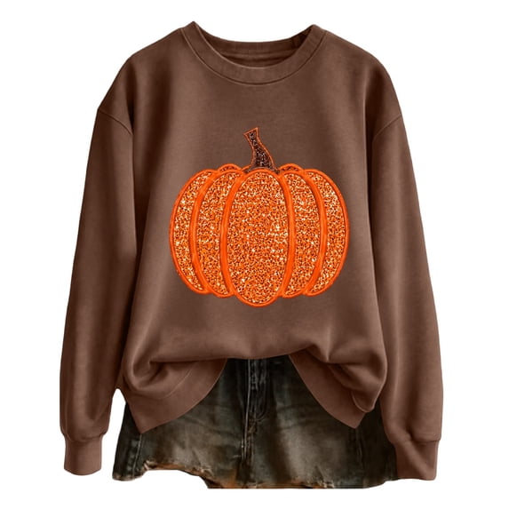 Weikingp Halloween Sweatshirt Fall Themed Sweaters Halloween Crewneck Long Sleeve Sweatshirt with No Hood Autumn Clothes for Women Thanksgiving Shirts Cute Fall Tops for Women Brown L