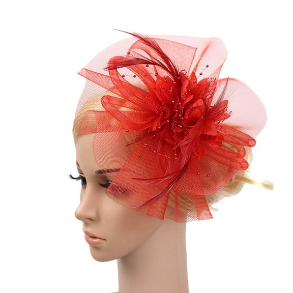Weikingp Hats for Tea Party Hat with Veil Y Pen Ribbons Mesh Women Hat and Feathers Fashion Wedding Fascinator N Party Caps Tea Party Accessories for Women Red One Size Clearance!