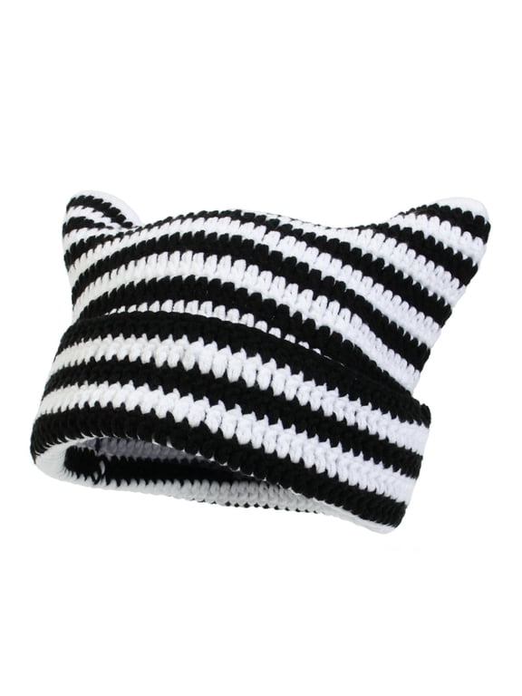 Hats for Women,Crochet Hats for Women Handmade Knit Cat Ear Beanie Hat Winter Hat Vintage Goth Winter Hat Beanie Hats for Women White