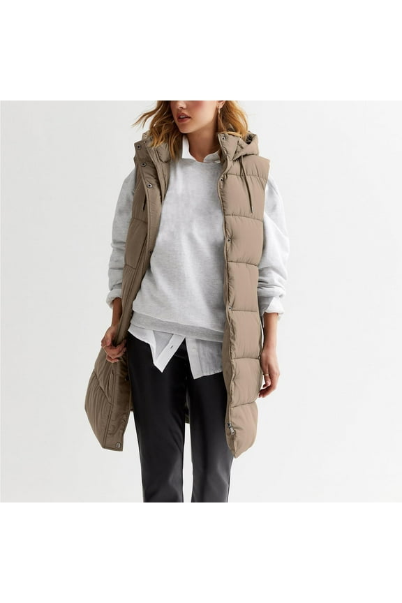 Hoodies for Women,Women Long Puffer Vest Oversized Quilted Vest Zipper Hooded Down Vest Sleeveless Puffy Jacket Winter Outerwear Vests Puffer Vest Women Jackets for Women Khaki 2Xl