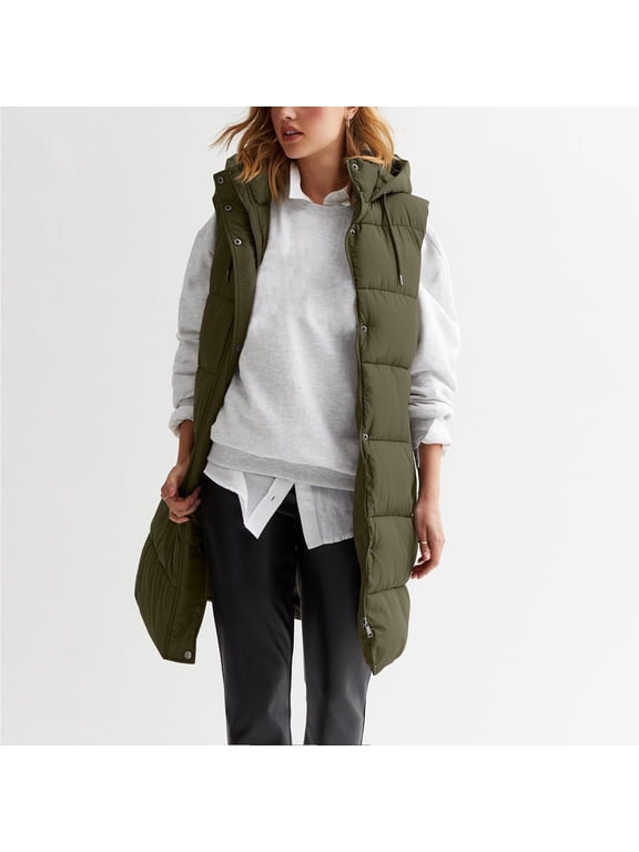 Hoodies for Women,Women Long Puffer Vest Oversized Quilted Vest Zipper Hooded Down Vest Sleeveless Puffy Jacket Winter Outerwear Vests Puffer Vest Women Jackets for Women Green L