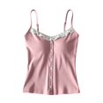 thumbnail image 1 of Weikingp Ladies Soft Stretch Ribbed Lace Trim Cami Tank Top, Thin Spaghetti Straps V Neck Decor Button Slim Casual Camisole, Basic Layering Sleeveless Shirt for Daily Office Wear Pink, 1 of 6
