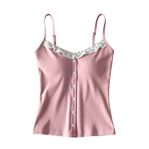 Weikingp Ladies Soft Stretch Ribbed Lace Trim Cami Tank Top, Thin Spaghetti Straps V Neck Decor Button Slim Casual Camisole, Basic Layering Sleeveless Shirt for Daily Office Wear Pink
