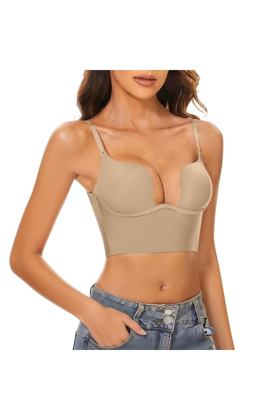 Low Back Bras for Women Low Cut Bra Nude Bralette Wireless Seamless Bras Backless Bra for Large Breasts Low Back Halter Bra Criss Cross Back Bra Backless Bra Invisible Bra Beige