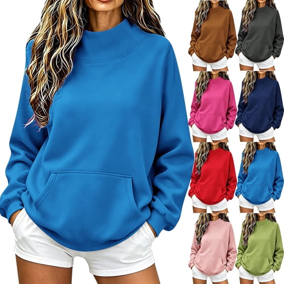 Weikingp Mockneck Sweatshirt for Women Oversized Sweatshirt Comfort Colors Cute Sweatshirts Long Sleeve Turtleneck Tops Lightweight Sweatshirts Fashion Clothing Fall Sweatshirts With Pocket Purple L