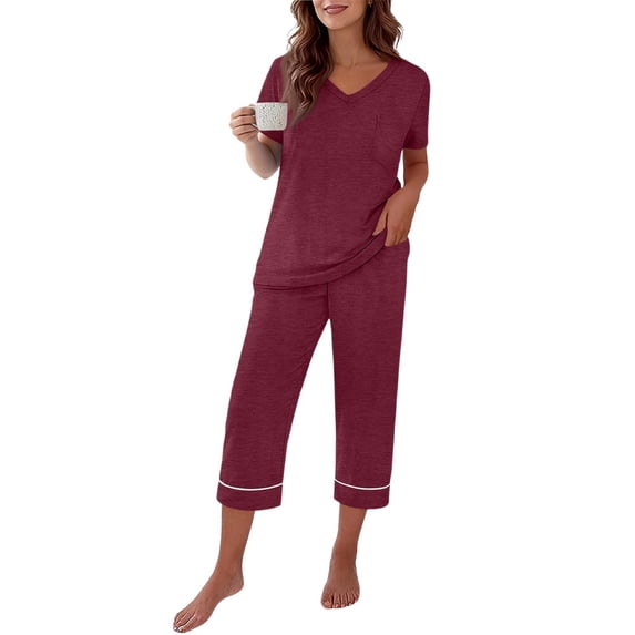 Weikingp Pajamas for Women Set Capri Pajamas Set Soft Womens Pajama Sets Baseball Sleeve Capri Pajamas Plus Size Womens Pjs Cotton Lounge Sets Womens Summer Outfits Cropped Pajama Set,Red,M