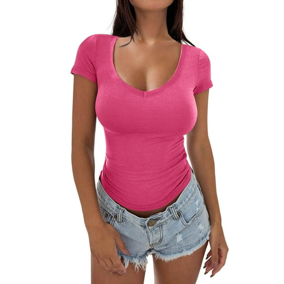 Weikingp Plain T Shirts For Women Summer Tops For Women Women's 2025 High End Slim Short Sleeved Round Neck Short Sleeved T Shirt Women's Short Sleeved T Shirtpeplum tops for women Pink M