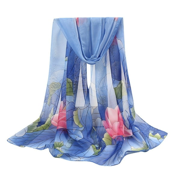Weikingp Scarf for Women 160*50Cm Women Flower Print Long Soft Wrap Scarf Simulation Silk Shawl Scarves Neck Scarf Warm Scarf (Clearance) Blue Polyester