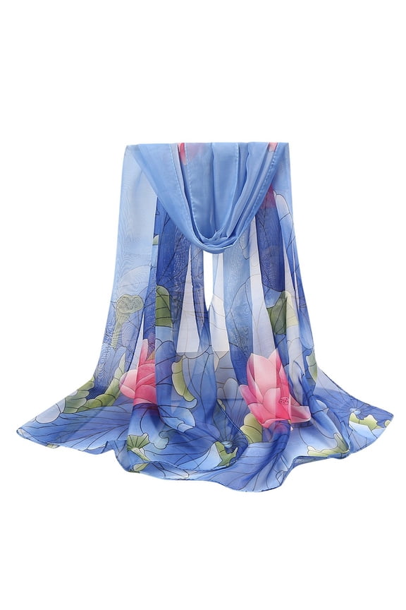 Scarf for Women 160*50Cm Women Flower Print Long Soft Wrap Scarf Simulation Silk Shawl Scarves Neck Scarf Warm Scarf (Clearance) Blue Polyester