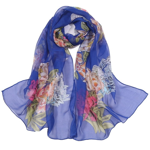 Weikingp Scarf for Women Fashion Women Flower Print Long Soft Wrap Scarf Simulation Silk Shawl Scarves Neck Scarf Warm Scarf () Blue Polyester