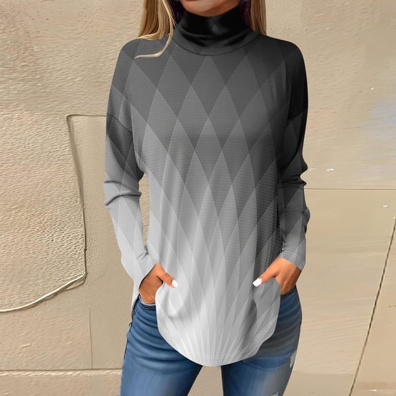 Weikingp Shirts for Women,Tops for Women Trendy Long Sleeve Fall Blouses Printed Turtleneck Top Loose Winter Shirts Cozy Lightweight T Shirts Womens Tops Tops for Women Trendy Clearance Grey M