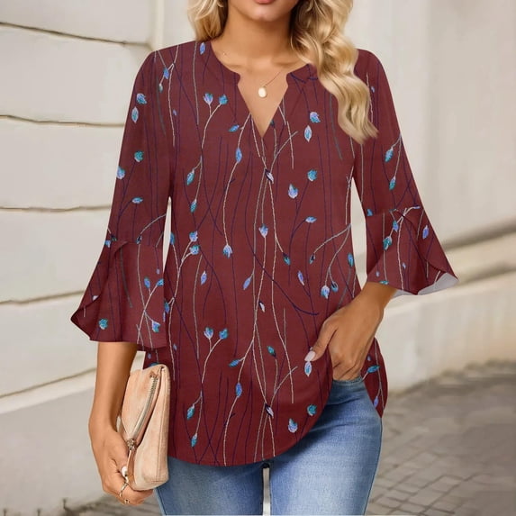 Weikingp Shirts for Women,Women'S Flared Sleeve Seven Sleeve V Neck Casual Solid Color T Shirt Top Womens Tops Tops for Women Trendy Clearance Red 3Xl