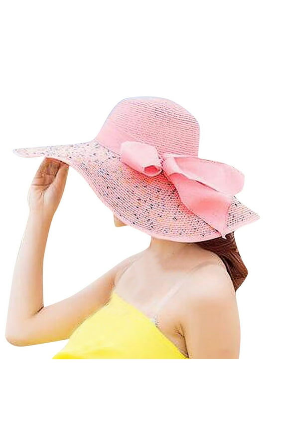 Sun Hats for Women Women Colorful Big Brim Straw Bow Hat Sun Floppy Wide Brim Hats Beach Cap Sun Hat Bucket Hats for Woman Sun Hats for Men () Pink Straw