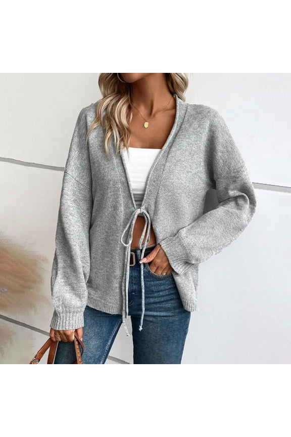 Sweaters for Women,Women'S Comfortable Knitted Tops Solid Color Strappy Cardigan Knitted Sweater Cable Knit Sweater Women Cardigan Sweaters for Women Clearance Grey M