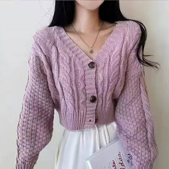 Weikingp Sweaters for Women,Women'S Cropped Cardigan Sweater Chunky Cable Knit Long Sleeves Button Down Coat Winter Coats for Women Cardigan Sweaters for Women Purple One Size