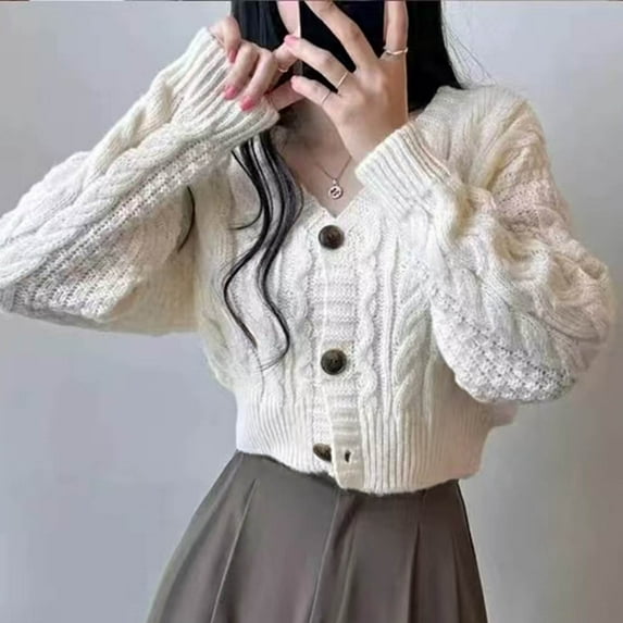 Weikingp Sweaters for Women,Women'S Cropped Cardigan Sweater Chunky Cable Knit Long Sleeves Button Down Coat Winter Coats for Women Cardigan Sweaters for Women White One Size