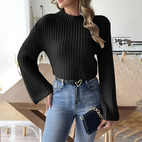 Weikingp Sweaters for Women,Women'S Short Crop Top Woven Sweater Autumn and Winter Flared Sleeve Half High Neck Pullover Sweater Cable Knit Sweater Women Pullover Sweaters for Women