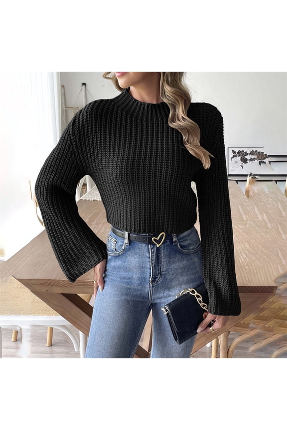 Sweaters for Women,Women'S Short Crop Top Woven Sweater Autumn and Winter Flared Sleeve Half High Neck Pullover Sweater Cable Knit Sweater Women Pullover Sweaters for Women