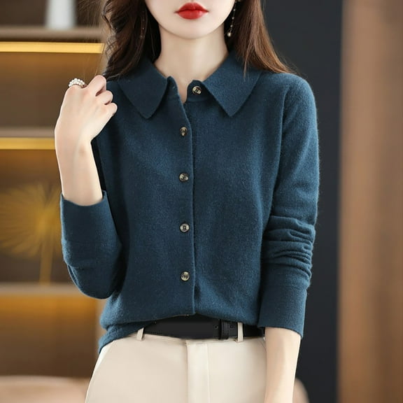 Weikingp Sweaters for Women,Wool Sweaters Women'S Fall Winter Warm Soft Knitted Shirt Lapel Collar Cardigan Long Sleeves Cable Knit Sweater Women Cardigan Sweaters for Women Dark Blue 2Xl