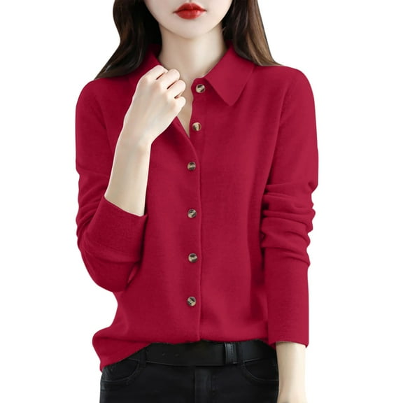 Weikingp Sweaters for Women,Wool Sweaters Women'S Fall Winter Warm Soft Knitted Shirt Lapel Collar Cardigan Long Sleeves Cable Knit Sweater Women Cardigan Sweaters for Women Wine M