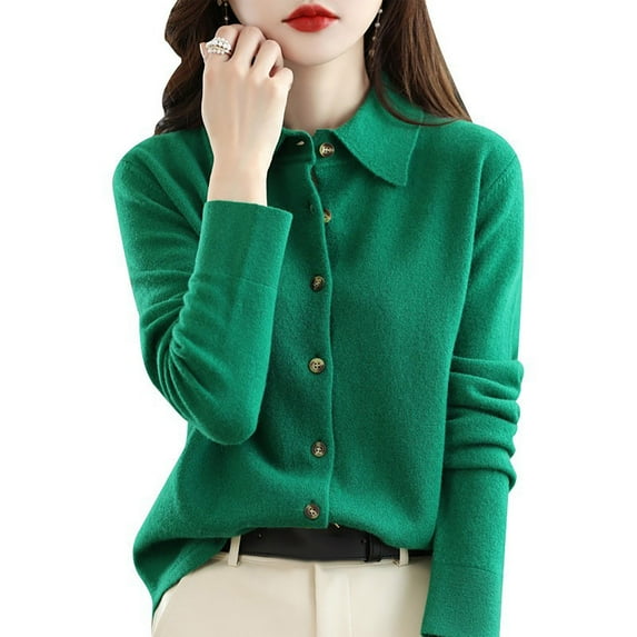 Weikingp Sweaters for Women,Wool Sweaters Women'S Fall Winter Warm Soft Knitted Shirt Lapel Collar Cardigan Long Sleeves Cable Knit Sweater Women Cardigan Sweaters for Women Green M