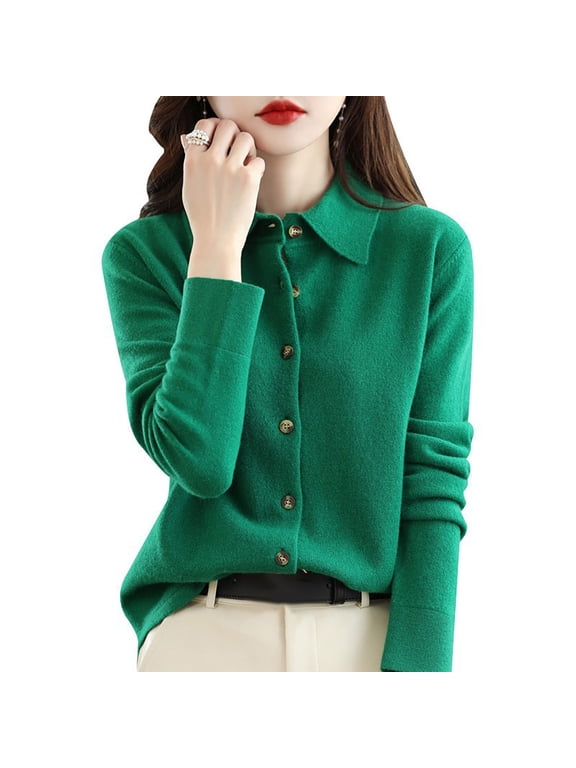Sweaters for Women,Wool Sweaters Women'S Fall Winter Warm Soft Knitted Shirt Lapel Collar Cardigan Long Sleeves Cable Knit Sweater Women Cardigan Sweaters for Women Green S
