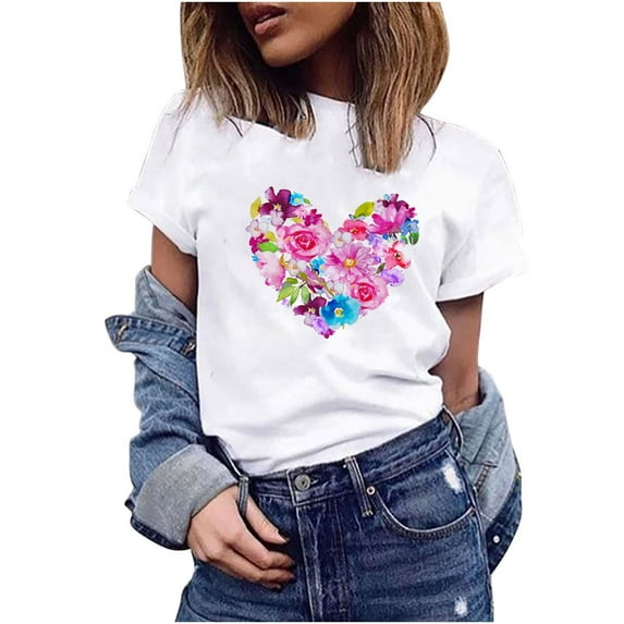 Weikingp T Shirts For Women Clearance,Women'S Casual Floral Print Round Neck Short Sleeve Top T Shirt Crew Neck Womens Tops Pink Xl