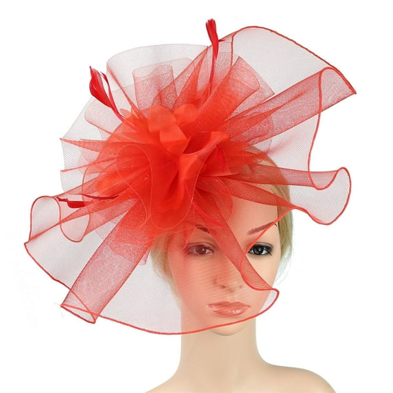 Weikingp Tea Party Accessories for Women Hat with Veil Fascinator Hat Flower Feather Mesh Tea Hairband for Women Tea Party Accessories for Women Red One Size Clearance!