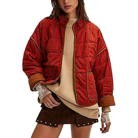 Weikingp Winter Coats for Women,Internos Womens Quilted Jacket Lightweight Winter Striped Stand Collar Padded Puffer Cardigan Coat with Pockets Abrigos De Mujer Invierno En Oferta Xs